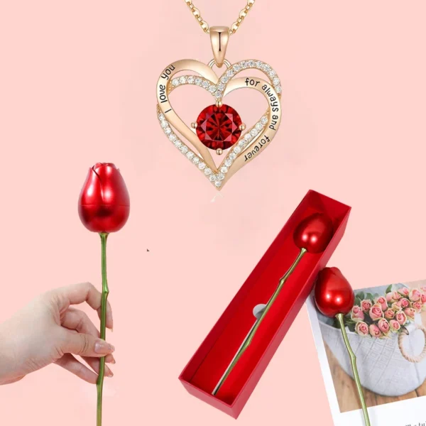 Luxury Red Heart Zircon Pendant Necklaces With Rose Flower Gift Box