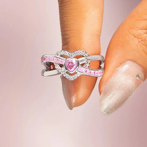 Romantic Pink Heart Zirconia Finger Ring - Image 3