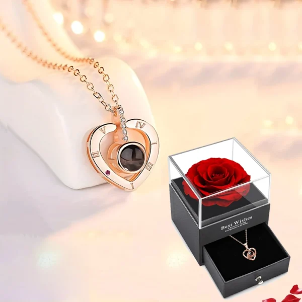 100 Languages I Love You Projection Love Heart Necklace With Rose Gift Box