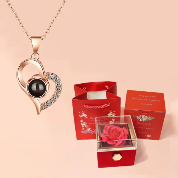 100 Languages I Love You Projection Heart Necklace With Rotating Rose